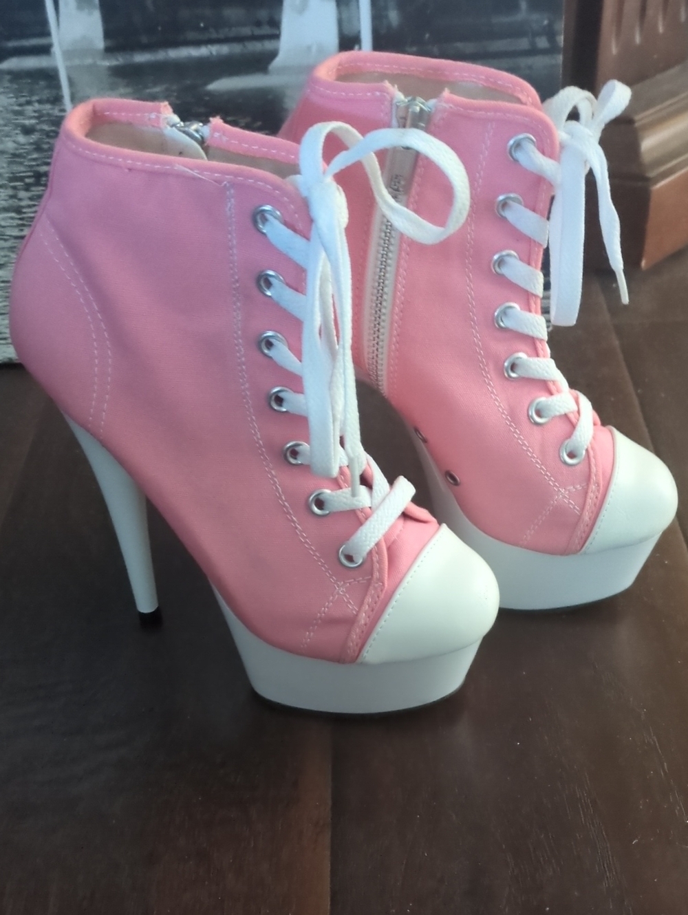 Pleaser Pink and White Lace-Up Platform Ankle Boots